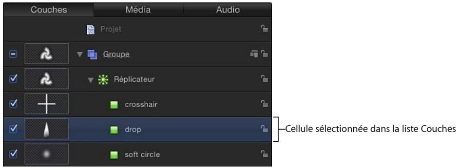 Couches Média Audio Projet Groupe Réplicateur crosshair drop soft circle Cellule sélectionnée dans la liste Couches