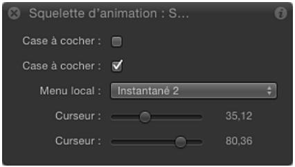 Squelette d'animation : S... Case à cocher : Case à cocher : Menu local : Instantané 2 Curseur : 35,12 Curseur : 80,36