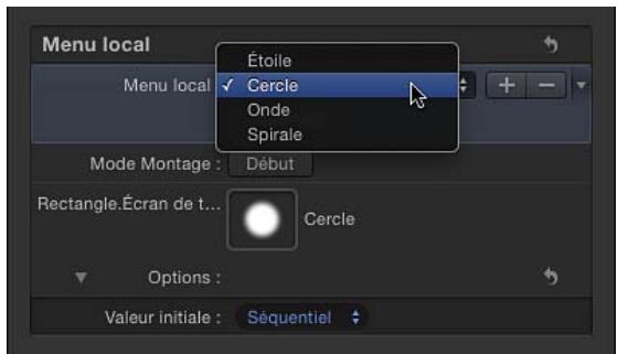 Menu local Étoile ✓ Cercle Onde Spirale Mode Montage : Début Rectangle.Écran de t... Cercle Options : Valeur initiale : Séquentiel