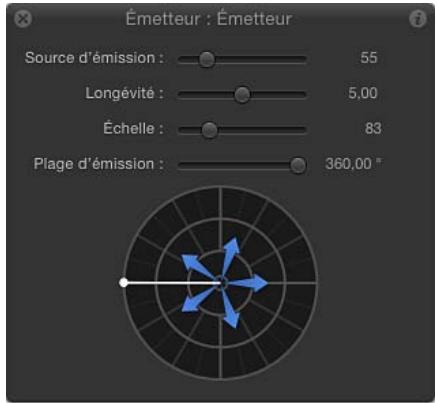 Émetteur : Émetteur Source d'émission : 55 Longévité : 5,00 Échelle : 83 Plage d'émission : 360.00"