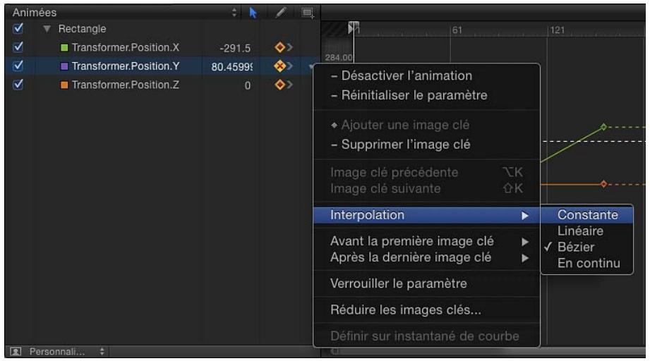 Animées Rectangle Transformer.Position.X -291.5 Transformer.Position.Y 80.4599 Transformer.Position.Z 0 - Désactiver l'animation - Réinitialiser le paramètre • Ajouter une image clé - Supprimer l'image clé Image clé précédente Image clé suivante Interpolation Avant la première image clé Après la dernière image clé Verrouiller le paramètre Réduire les images clés... Définir sur instantané de courbe Constante Linéaire ✓ Bézier En continu Personali...
