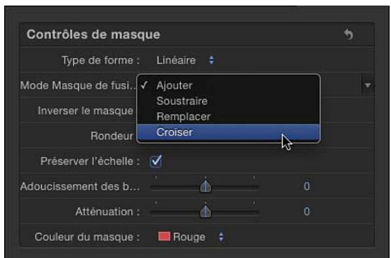 Contrôles de masque Type de forme : Linéaire Mode Masque de fus... Inverser le masque Rondeur Préserver l'échelle : Adoucissement des b... Atténuation : Couleur du masque : Rouge