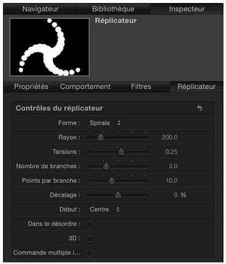 Navigateur Bibliothèque Inspecteur Replicateur Propriétés Comportement Filtres Replicateur Contrôles du répicateur Forme : Spirale Rayon : 200,0 Torsions : 0,25 Nombre de branches : 3,0 Points par branche : 10,0 Décalage : 0 % Début : Centre Dans le désordre : 3D : Commande multiple i...