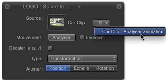 LOGO : Suivre le ... Source : Car Clip Mouvement : Analyser Inverser Décaler le suivi : Type : Transformation Ajuster : Position Échelle Rotation Car Clip : Analyser animation