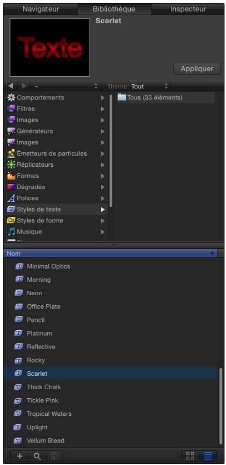 Navigateur Bibliothèque Inspecteur Scarlet Texte Appliquer Thème. Tout Comportements Filtres Images Générateurs Images Émetteurs de particules Réplicateurs Formes Dégradés Polices Styles de texte Styles de forme Musique Tous (33 éléments) Nom Minimal Optics Morning Neon Office Plate Pencil Platinum Reflective Rocky Scarlet Thick Chalk Tickle Pink Tropical Waters Uplight Vellum Bleed
