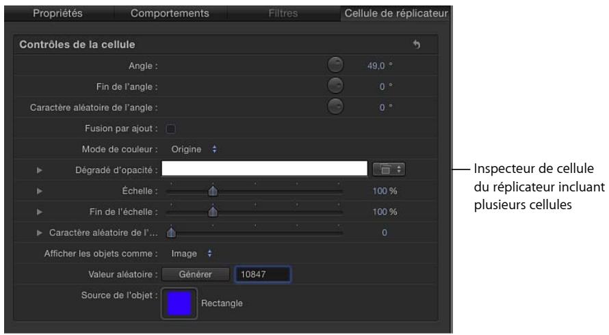Propriétés Comportements Filtres Cellule de réplicateur Contrôles de la cellule Angle : 49,0 ° Fin de l'angle : 0 ° Caractère aléatoire de l'angle : 0 ° Fusion par ajout : Mode de couleur : Origine Dégradé d'opacité : Échelle : 100 % Fin de l'échelle : 100 % Caractère aléatoire de l'... Afficher les objets comme : Image Valeur aléatoire : Générer 10847 Source de l'objet : Rectangle Inspecteur de cellule du réplicateur incluant plusieurs cellules