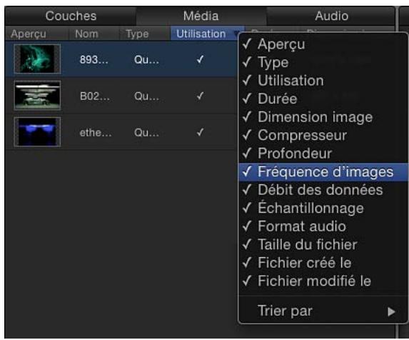Couches Aperçu Nom Type Utilisation 893... Qu... ✓ B02... Qu... ✓ ethe... Qu... ✓ ✓ Aperçu ✓ Type ✓ Utilisation ✓ Durée ✓ Dimension image ✓ Compresseur ✓ Profondeur ✓ Fréquence d'images ✓ Débit des données ✓ Échantillonnage ✓ Format audio ✓ Taille du fichier ✓ Fichier créé le ✓ Fichier modifié le Trier par