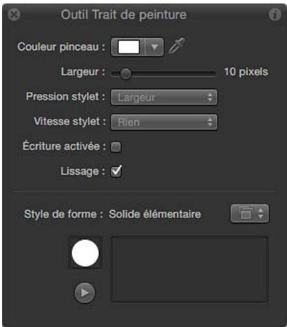 Outil Trait de peinture Couleur pinceau : Largeur : 10 pixels Pression stylet : Largeur Vitesse stylet : Rien Écriture activée : Lissage : ✓ Style de forme : Solide élémentaire