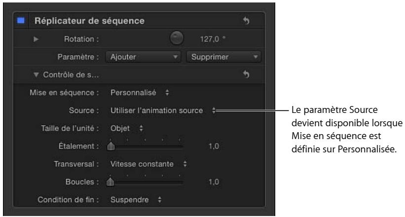 Replicateur de séquence Rotation : 127,0 ° Paramètre : Ajouter Supprimer Contrôle de s... Mise en séquence : Personnalisé Source : Utiliser l'animation source Taille de l'unité : Objet Étalement : 1,0 Transversal : Vitesse constante Boucles : 1,0 Condition de fin : Suspendre Le paramètre Source devient disponible lorsque Mise en séquence est définie sur Personnalisée.