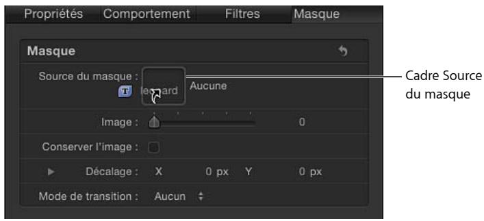 Propriétés Comportement Filtres Masque Masque Source du masque : levard Aucune Image : 0 Conserver l'image : Décalage : X 0 px Y 0 px Mode de transition : Aucun Cadre Source du masque