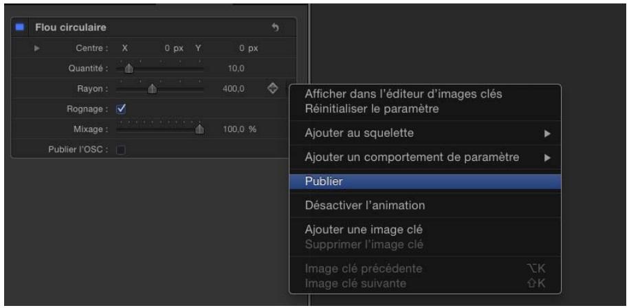 Flou circulaire Centre : X 0 px Y 0 px Quantité : 10.0 Rayon : 400.0 Rognage : ✓ Mixage : 100.0 % Publier l'OSC : Afficher dans l'éditeur d'images clés Réinitialiser le paramètre Ajouter au squelette Ajouter un comportement de paramètre Publier Désactiver l'animation Ajouter une image clé Supprimer l'image clé Image clé précédente Image clé suivante