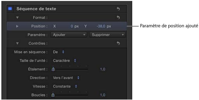 Séquence de texte Format : Position : X 0 px Y -38,0 px Paramètre : Ajouter Supprimer Contrôles : Mise en séquence : De Taille de l'unité : Caractère Étalement : 1,0 Direction : Vers l'avant Vitesse : Constante Boucles : 1,0 Paramètre de position ajouté