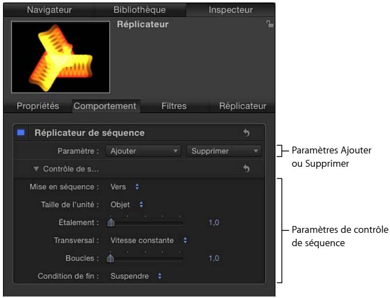 Navigateur Bibliothèque Inspecteur Réplicateur Propriétés Comportement Filtres Réplicateur Réplicateur de séquence Paramètre : Ajouter Supprimer Contrôle de s... Mise en séquence : Vers Taille de l'unité : Objet Étalement : 1,0 Transversal : Vitesse constante Boucles : 1,0 Condition de fin : Suspendre Paramètres Ajouter ou Supprimer Paramètres de contrôle de séquence