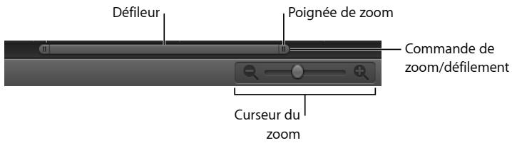 Défileur Poignée de zoom Commande de zoom/défilement Curseur du zoom
