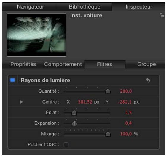 Navigateur Bibliothèque Inspecteur Inst. voiture Propriétés Comportement Filtres Groupe Rayons de lumière Quantité : 200,0 Centre : X 381,52 px Y -282,1 px Éclat : 1,5 Expansion : 0,4 Mixage : 100,0 % Publier l'OSC :