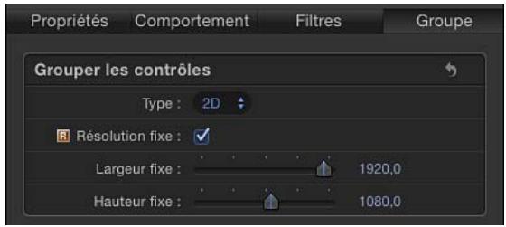 Propriétés Comportement Filtres Groupe Grouper les contrôles Type : 2D Résolution fixe : Largeur fixe : 1920,0 Hauteur fixe : 1080,0