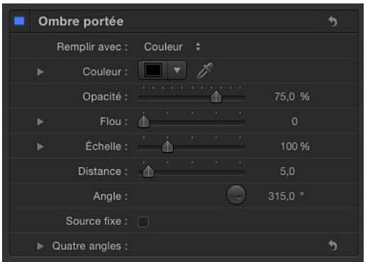 Ombre portée Remplir avec : Couleur Couleur : Opacité : 75,0 % Flou : 0 Échelle : 100 % Distance : 5,0 Angle : 315,0 ° Source fixe : Quatre angles :