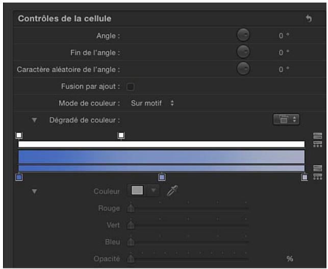 Contrôles de la cellule Angle : 0 ° Fin de l'angle : 0 ° Caractère aléatoire de l'angle : 0 ° Fusion par ajout : Mode de couleur : Sur motif Dégradé de couleur : Couleur Rouge Vert Bleu Opacité %
