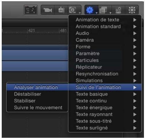 Animation de texte Animation standard Audio Caméra Forme Paramètre Particules Réplicateur Resynchronisation Simulations Suivi de l'animation Analyser animation Déstabiliser Stabiliser Suivre le mouvement Texte basique Texte continu Texte énergique Texte rayonnant Texte sous-titré Texte surligné
