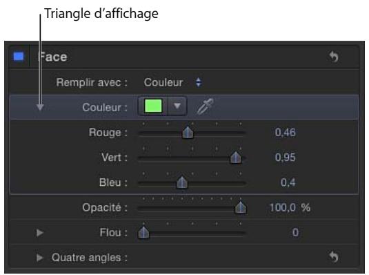 Triangle d'affichage Face Remplir avec : Couleur Couleur : Rouge : 0,46 Vert : 0,95 Bleu : 0,4 Opacité : 100,0 % Flou : 0 Quatre angles :