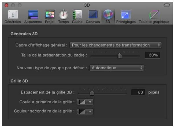 3D Générales Apparence Projet Temps Cache Canevas 3D Prerégages Tablette graphique Générales 3D Cadre d'affichage général : Pour les changements de transformation Taille de la présentation du cadre : 30% Nouveau type de groupe par défaut : Automatique Grille 3D Espacement de la grille 3D : 80 pixels Couleur primaire de la grille : Couleur secondaire de la grille :