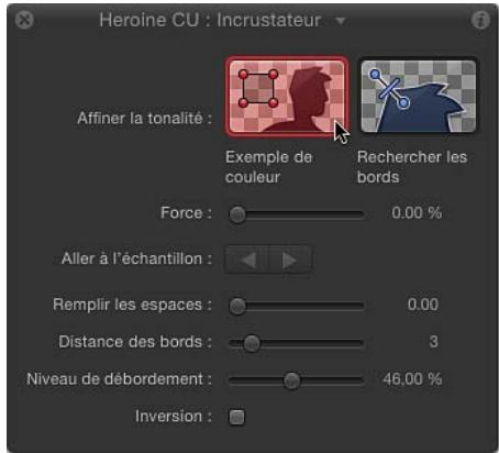 Heroine CU : Incrustateur Affiner la tonalité : Exemple de couleur Rechercher les bords Force : 0.00 % Aller à l'échantillon : Remplir les espaces : 0.00 Distance des bords : 3 Niveau de débordement : 46,00 % Inversion :
