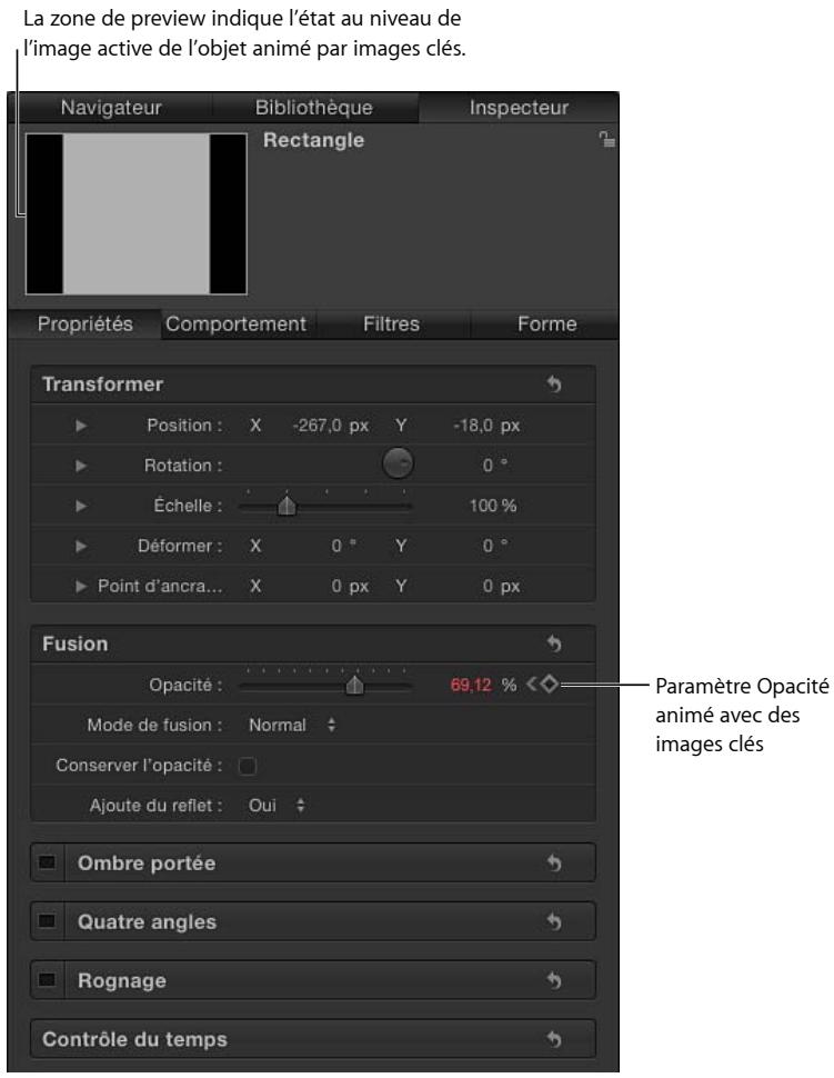 La zone de preview indique l'état au niveau de l'image active de l'objet animé par images clés. Navigateur Bibliothèque Inspecteur Rectangle Propriétés Comportement Filtres Forme Transformer Position : X -267.0 px Y -18.0 px Rotation : 0 ° Échelle : 100 % Déformer : X 0 ° Y 0 ° Point d'ancra... X 0 px Y 0 px Fusion Opacité : 69.12 % Mode de fusion : Normal Conserver l'opacité : Ajoute du reflet : Oui Ombre portée Quatre angles Rognage Contrôle du temps Paramètre Opacité animé avec des images clés