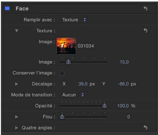 Face Remplir avec : Texture Texture : Image : 031034 Image : 15,0 Conserver l'image : Décalage : X 39,0 px Y -86,0 px Mode de transition : Aucun Opacité : 100,0 % Flou : 0 Quatre angles :
