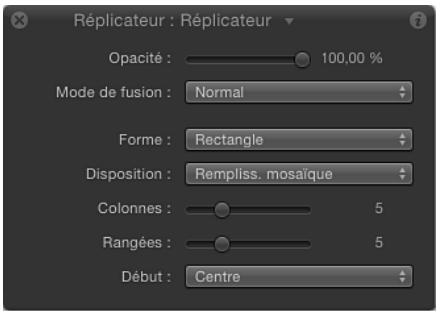 Replicateur : Répicateur Opacité : 100,00 % Mode de fusion : Normal Forme : Rectangle Disposition : Rempliss. mosaïque Colonnes : 5 Rangées : 5 Début : Centre