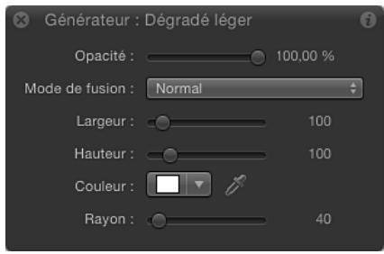 Générateur : Dégradé léger Opacité : 100,00 % Mode de fusion : Normal Largeur : 100 Hauteur : 100 Couleur : Rayon : 40