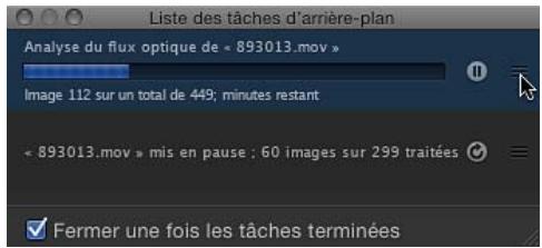 Liste des tâches d'arrière-plan Analyse du flux optique de « 893013.mov » Image 112 sur un total de 449; minutes restant « 893013.mov » mis en pause ; 60 images sur 299 traitées ✓ Fermer une fois les tâches terminées
