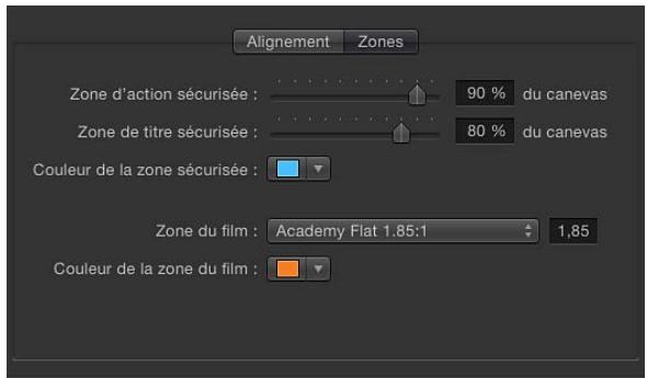 Alignement Zones Zone d'action sécurisée : 90 % du canevas Zone de titre sécurisée : 80 % du canevas Couleur de la zone sécurisée : Zone du film : Academy Flat 1.85:1 1,85 Couleur de la zone du film :