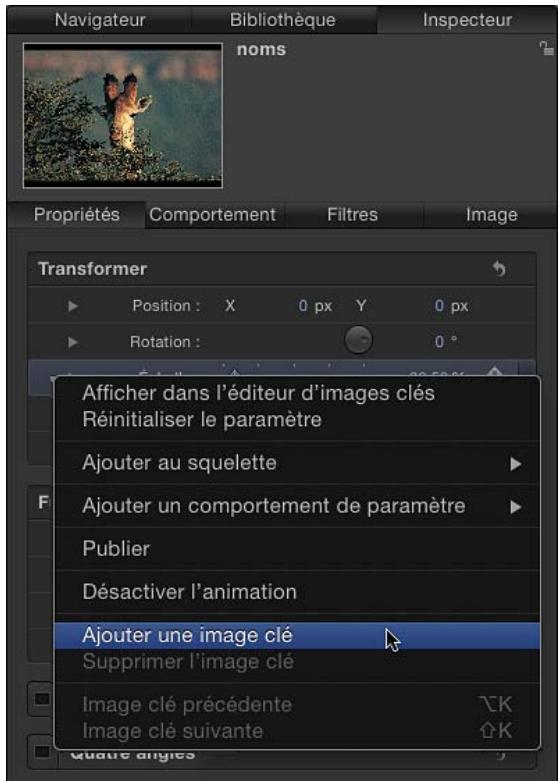 Navigateur Bibliothèque Inspecteur noms Propriétés Comportement Filtres Image Transformer Position : X 0 px Y 0 px Rotation : Afficher dans l'éditeur d'images clés Réinitialiser le paramètre Ajouter au squelette Ajouter un comportement de paramètre Publier Désactiver l'animation Ajouter une image clé Supprimer l'image clé Image clé précédente Image clé suivante Quatre angles