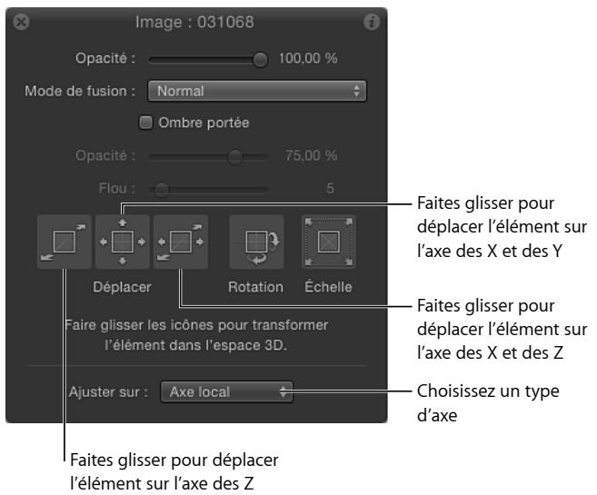 Image : 031068 Opacité : 100,00 % Mode de fusion : Normal Ombre portée Opacité : 75,00 % Flou : 5 Faites glisser pour déplacer l'élément sur l'axe des X et des Y Déplacer Rotation Échelle Faire glisser les icônes pour transformer l'élément dans l'espace 3D. Ajuster sur : Axe local Choisissez un type d'axe Faites glisser pour déplacer l'élément sur l'axe des Z