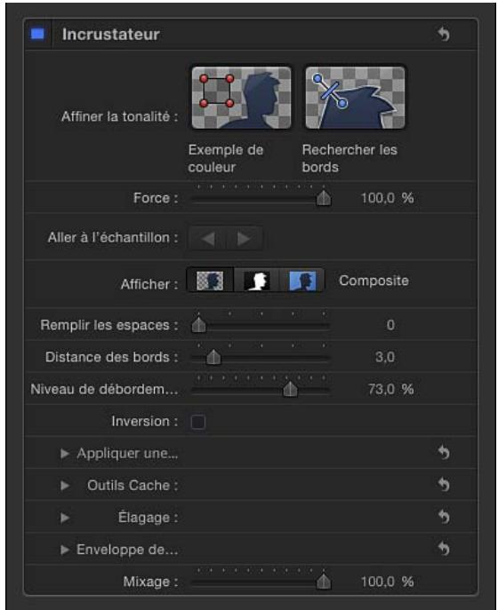 Incrustateur Affiner la tonalité : Exemple de couleur Rechercher les bords Force : 100,0 % Aller à l'échantillon : Afficher : Composite Remplir les espaces : 0 Distance des bords : 3,0 Niveau de débordem... 73,0 % Inversion : ► Appliquer une... ► Outils Cache : ► Élagage : ► Enveloppe de... Mixage : 100,0 %