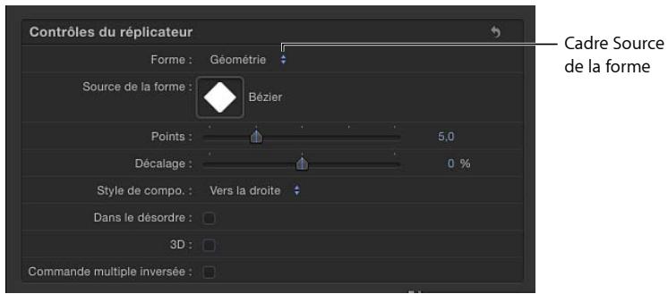Contrôles du réplicateur Forme : Géométrie Source de la forme : Bézier Points : 5,0 Décalage : 0 % Style de compo. : Vers la droite Dans le désordre : 3D : Commande multiple inversée : Cadre Source de la forme