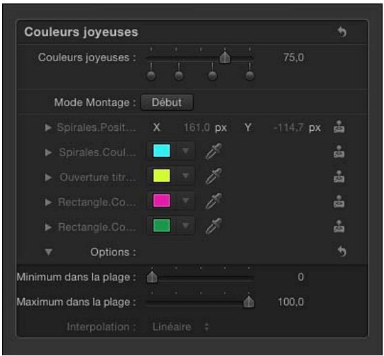 Couleurs joyeuses Couleurs joyeuses : 75,0 Mode Montage : Début Spirales.Posit... X 161,0 px Y -114,7 px Spirales.Coul... Ouverture titr... Rectangle.Co... Rectangle.Co... Options : Minimum dans la plage : 0 Maximum dans la plage : 100,0 Interpolation : Linéaire :