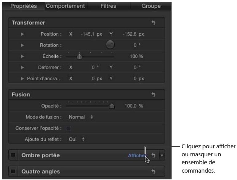 Propriétés Comportement Filtres Groupe Transformer Position : X -145,1 px Y -152,8 px Rotation : 0 ° Échelle : 100 % Déformer : X 0 ° Y 0 ° Point d'ancra... X 0 px Y 0 px Fusion Opacité : 100,0 % Mode de fusion : Normal Conserver l'opacité : Ajoute du reflet : Oui Ombre portée Affiche Quatre angles Cliquez pour afficher ou masquer un ensemble de commandes.