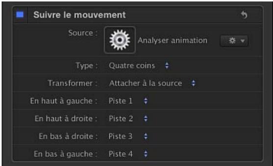 Suivre le mouvement Source : Analyser animation Type : Quatre coins Transformer : Attacher à la source En haut à gauche : Piste 1 En haut à droite : Piste 2 En bas à droite : Piste 3 En bas à gauche : Piste 4