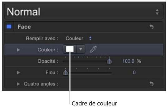 Normal Face Remplir avec : Couleur Couleur : Opacité : 100,0 % Flou : 0 Quatre angles : Cadre de couleur