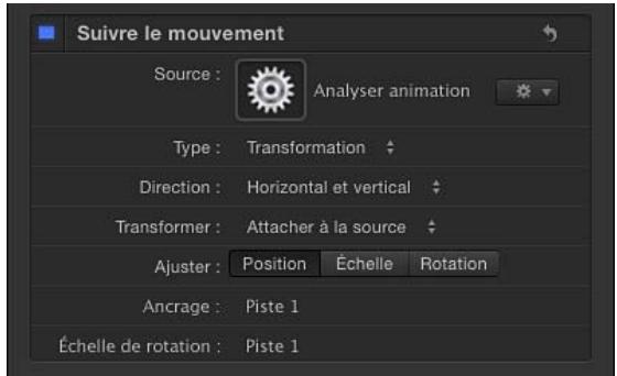 Suivre le mouvement Source : Analyser animation Type : Transformation Direction : Horizontal et vertical Transformer : Attacher à la source Ajuster : Position Échelle Rotation Ancrage : Piste 1 Échelle de rotation : Piste 1