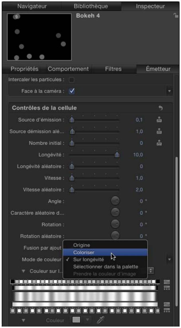 Navigateur Bibliothèque Inspecteur Bokeh 4 Propriétés Comportement Filtres Émetteur Intercaler les particules : Face à la caméra : Contrôles de la cellule Source d'émission : 0,1 Source démission alé... 1,0 Nombre initial : 0 Longévité : 10,0 Longévité aléatoire : 0 Vitesse : 1,0 Vitesse aléatoire : 2,0 Angle : 0 ° Caractère aléatoire d... 0 ° Rotation : 0 ° Rotation aléatoire : 0 ° Fusion par ajout Origine Coloriser Sur longévité Sélectionner dans la palette Prendre la couleur d'image Mode de couleur Couleur sur l...