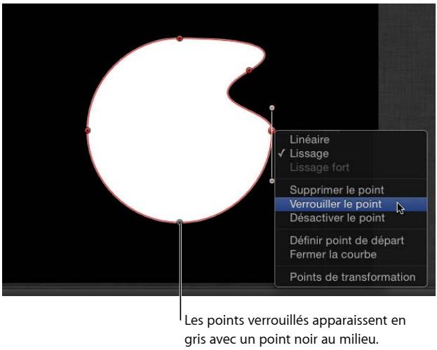 Linéaire ✓ Lissage Lissage fort Supprimer le point Verrouiller le point Désactiver le point Définir point de départ Fermer la courbe Points de transformation Les points verrouillés apparaissent en gris avec un point noir au milieu.