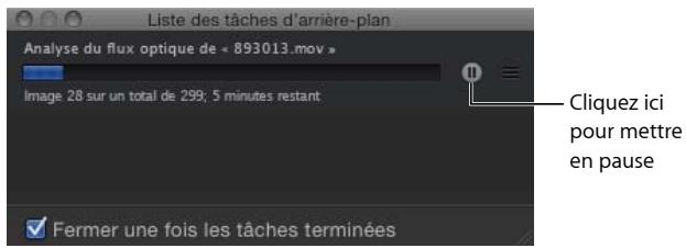 Liste des tâches d'arrière-plan Analyse du flux optique de « 893013.mov » Image 28 sur un total de 299; 5 minutes restant Cliquez ici pour mettre en pause Fermer une fois les tâches terminées