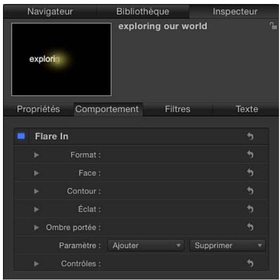 Navigateur Bibliothèque Inspecteur exploring our world explori Propriétés Comportement Filtres Speechte Flare In Format : Face : Contour : Éclat : Ombre portée : Paramètre : Ajouter Supprimer Contrôles :