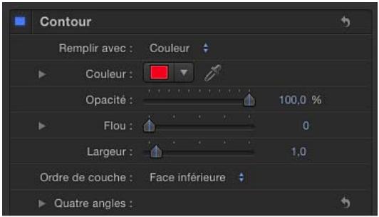 Contour Remplir avec : Couleur Couleur : Opacité : 100,0 % Flou : 0 Largeur : 1,0 Ordre de couche : Face inférieure Quatre angles :