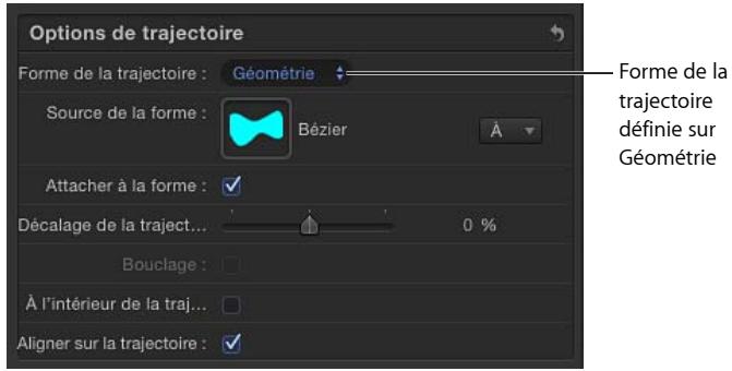 Options de trajectoire Forme de la trajectoire : Géométrie Source de la forme : Bézier Attacher à la forme : ✓ Décalage de la traject... 0 % Bouclage : À l'intérieur de la traj... Aligner sur la trajectoire : ✓ Forme de la trajectoire définie sur Géométrie