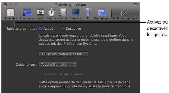 Tablette graphique Générales Apparence Projet Temps Cache Canevas 3D Préréglages Tablette graphique Tablette graphique : Activé Désactivé La saisie par geste requiert une tablette graphique. Vous devez également activer la reconnaissance d'écriture dans le tableau Ink des Préférences Système. Ouvrir les Préférences Ink... Déclencheur : Touche Contrôle Autoriser les gestes en l'air Cette option permet de déclencher la saisie par geste sans avoir à appuyer la pointe du stylet sur la tablette graphique.