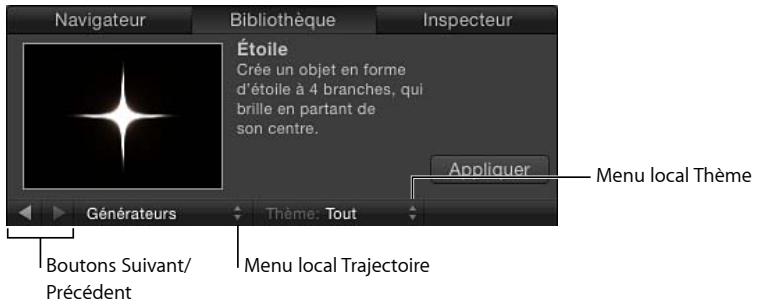 Navigateur Bibliothèque Inspecteur Étoile Crée un objet en forme d'étoile à 4 branches, qui brille en partant de son centre. Appliquer Menu local Thème Générateurs Thème: Tout Boutons Suivant/Précédent Menu local Trajectoire
