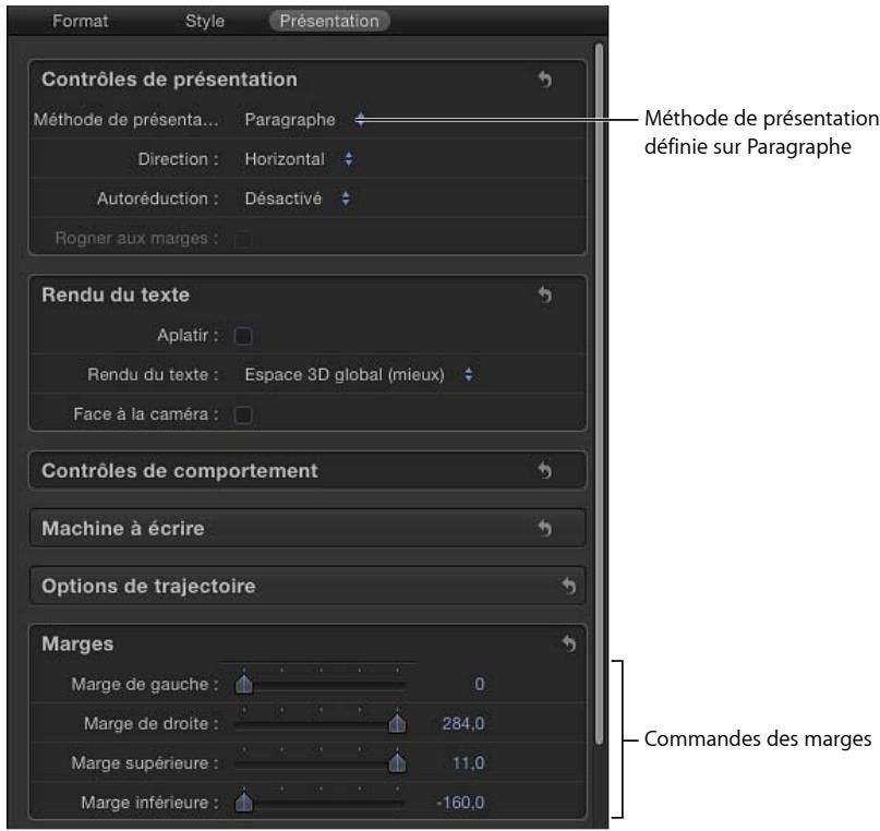Format Style Présentation Contrôles de présentation Méthode de présenta... Paragraphe Direction : Horizontal Autoréduction : Désactivé Rogner aux marges : Méthode de présentation définie sur Paragraphe Rendu du texte Aplatir : Rendu du texte : Espace 3D global (mieux) Face à la caméra : Contrôles de comportement Machine à écrire Options de trajectoire Marges Marge de gauche : 0 Marge de droite : 284.0 Marge supérieure : 11.0 Marge inférieure : -160.0 Commandes des marges